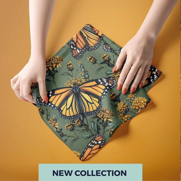 Monarch butterfly scarf - silk scarf, accessory, headband, bow, microfiber, green scarf, foulard, botanical print, animal print