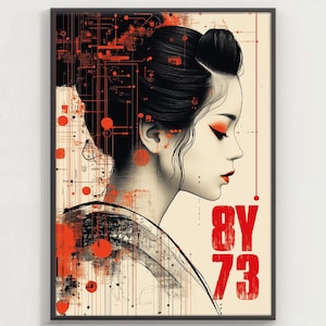 Pode incluir: Uma impressão de arte digital que apresenta uma mulher com cabelo preto e maquiagem vermelha, vestindo um quimono japonês tradicional. O fundo é um padrão geométrico com acentos vermelhos e pretos. O texto "8Y 73" é impresso em vermelho no canto inferior direito.