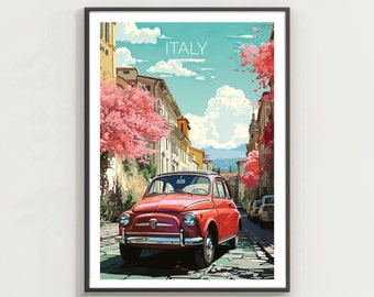 Fiat 500 Italy Print Wall Art, Italian Decor, Italy Travel Poster, Vintage Classic Car Print, Italy Lovers Gift, Vibing Home Decor