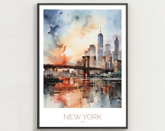Brooklyn Bridge Poster, NYC Artwork, New York Poster, US Travel Wall Art Cityscape Illustration Nyc Housewarming Gift, Brooklyn Home Decor