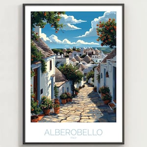 Cartel de Alberobello, Impresión de viajes de Italia, Casco antiguo, Arte de hermosos paisajes, Impresión de Alberobello, Decoración del hogar, Regalo para el nuevo hogar, Recuerdo de viaje