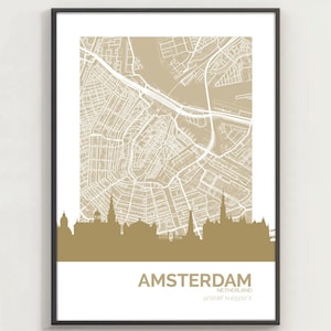 Carte d’Amsterdam et impression d’horizon, art mural d’Amsterdam, affiche de voyage d’Amsterdam, décoration intérieure d’Amsterdam, affiche des Pays-Bas avec coordonnées GPS