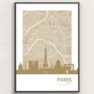 Paris City Skyline Druck, Paris Karte Poster, Paris Wandkunst mit Koordinaten, architektonisches Paris Art Deco, Paris Reisegeschenk, Frankreich Dekor