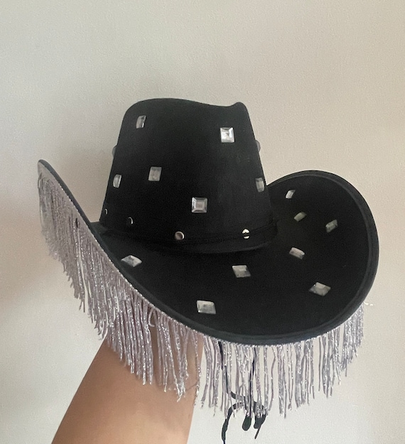 Black Crystal-Embellished Western Hat with Silver Accents Black Bling Cowgirl Hat With Crystal Cork Band, Silver  main image 3