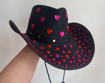 Glitter Black Cowboy Hat With Pink Love Heart Rhinestone  display picture 1