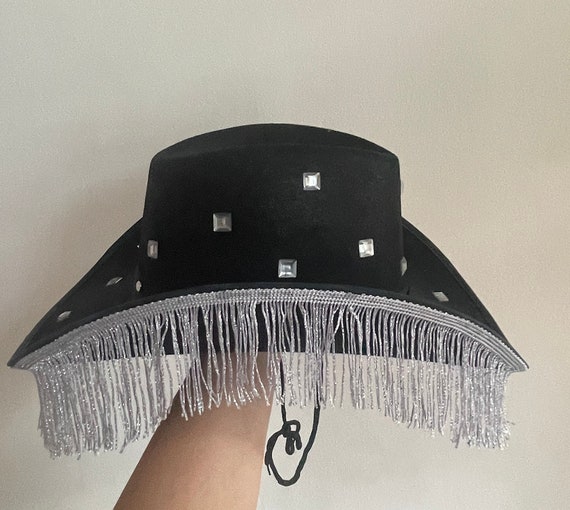 Silver Fringe Black Cowboy Hat With Silver Rhinestone Gems  display picture 3