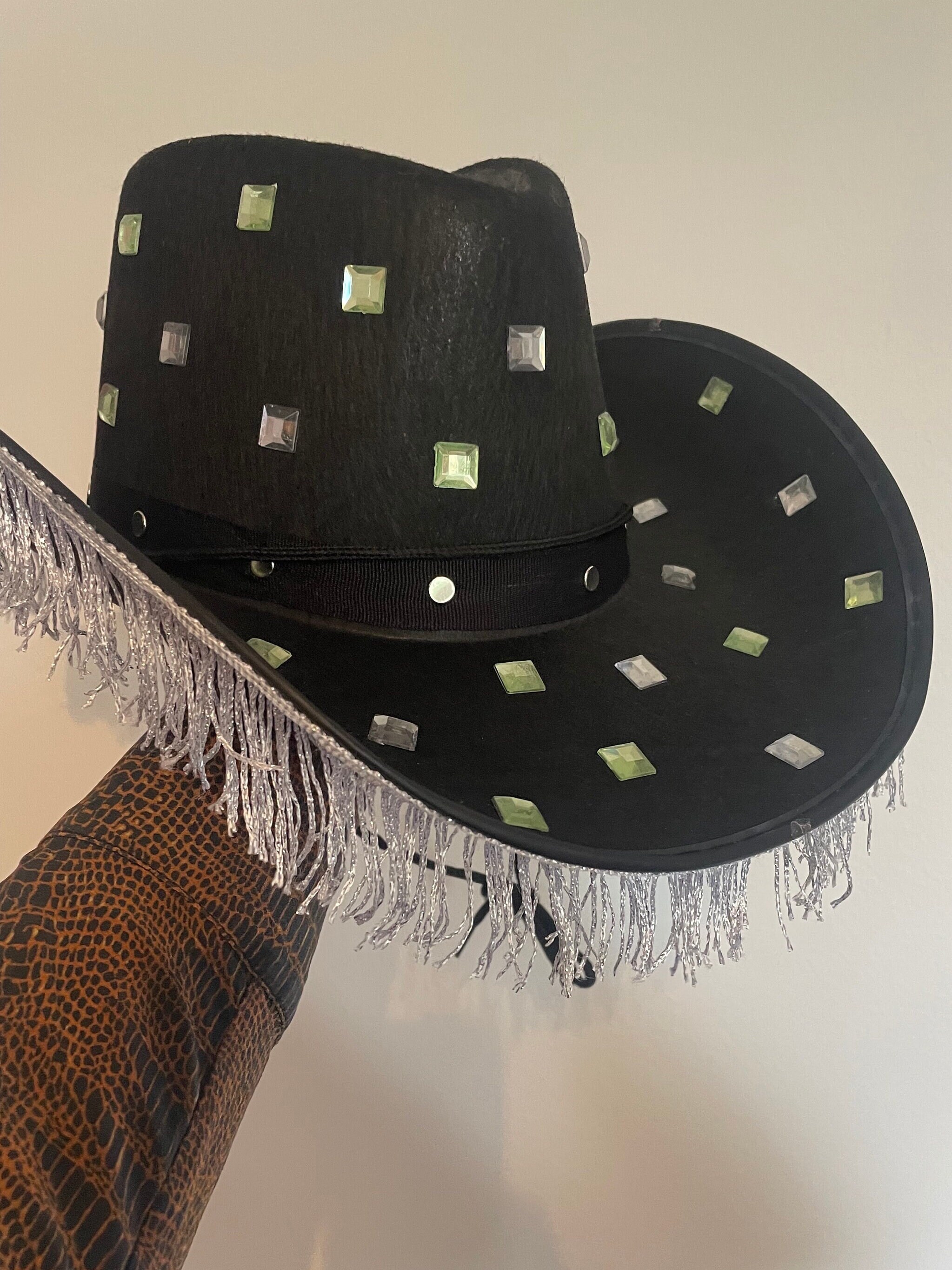 Silver Fringe Black Cowboy Hat With Silver Rhinestone Gems  display picture 2