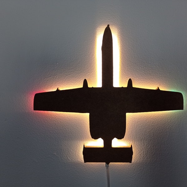 A10 Thunderbolt II Warthog - Straaljager Vliegtuig Led MDF Muurfoto, Verlichting Decoratie, Nachtlampje, Deco, USB-C