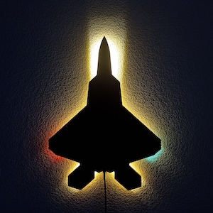 May include: A black silhouette of a fighter jet with colourful LED lights illuminating the edges. The jet is mounted on a wall and is lit from behind.