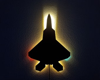 May include: A black silhouette of a fighter jet with colourful LED lights illuminating the edges. The jet is mounted on a wall and is lit from behind.