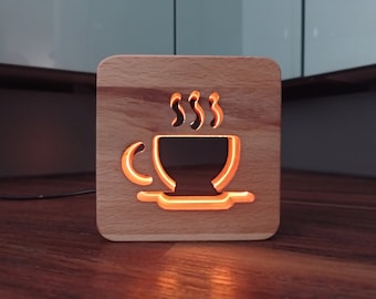 Coffee decorative wooden LED night light / table light, made of wood (beech), coffee cup, coffee, cafe, 9.5 cm, USB-C