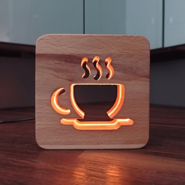 Coffee decorative wooden LED night light / table light, made of wood (beech), coffee cup, coffee, cafe, 9.5 cm, USB-C