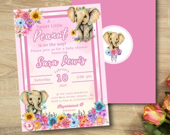 EDITABLE Pink Elephant and Flowers Baby Shower Invitation Girl Baby Elephant Invite Printable Template Instant Download