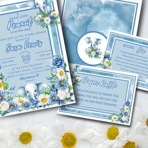 EDITABLE BLue Elephant Baby Shower Invitation Bundle Boy Baby Elephant Invite Bundle Printable Template Instant Download