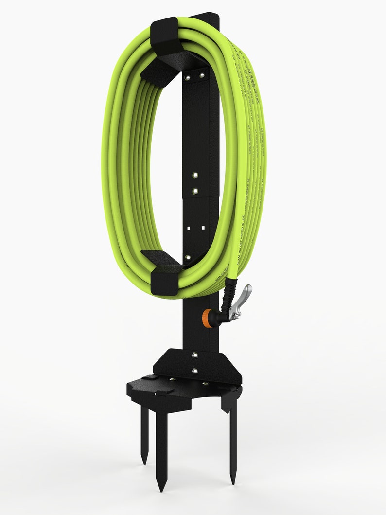 May include: Black metal garden hose holder with a green hose wrapped around it. The holder has three metal stakes that can be inserted into the ground.