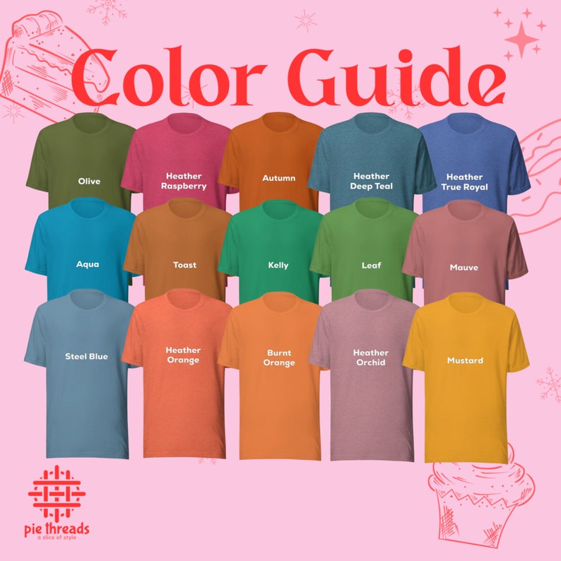 Może przedstawiać: Przewodnik po kolorach dla koszulek z 14 r&oacute;żnymi opcjami kolorystycznymi. Kolory obejmują Oliwkowy, Heather Raspberry, Jesienny, Heather Deep Teal, Heather True Royal, Aqua, Toast, Kelly, Liść, Fioletowy, Stalowy Niebieski, Heather Orange, Burnt Orange, Heather Orchid i Musztardowy.