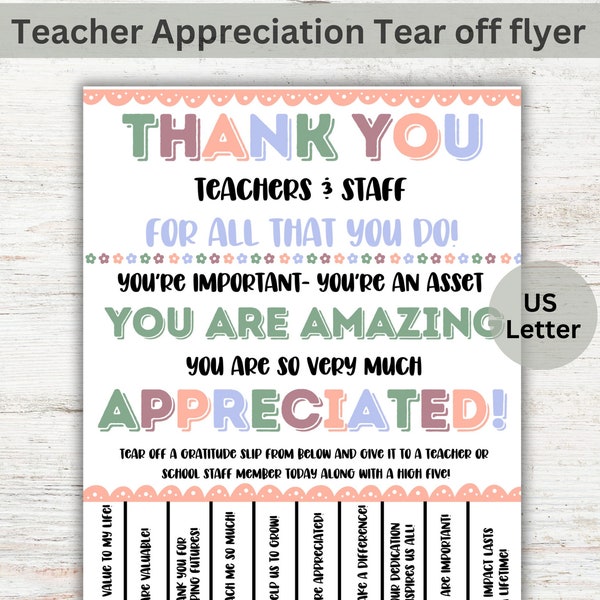 teacher appreciation week flyer tear off poster teacher appreciation gratitude flyer tear off support staff appreciation flyer teacher
