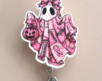 Breast Cancer Reel for Nurse ID Holder for Mammography Badge Display Clip for Hospital Worker Accessory for Healthcare Pink Ghost Patchwork