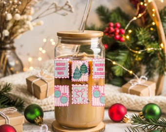 Christmas Drinking Jar Bamboo Lid Reusable Straw Holiday Tumbler Gift Teacher Appreciation Festive Drinkware Retro Pink Stamp Design Style