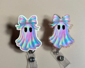 Cute Ghost Badge Reel Retro Ghost Nurse ID holder Gift Iridescent Bow Teacher Badge Reel Retractable Custom Badge Reel Neon Ghost Coquette