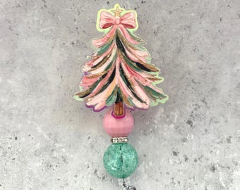 Pink Christmas Tree Badge Colorful Christmas Tree Nurse Badge Reel Health Care Medical Professional Handmade OT PT teacher Holiday