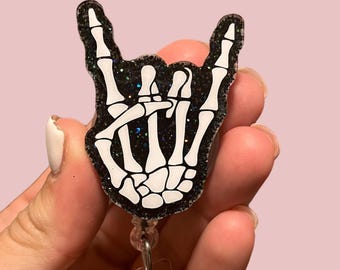 Rad Tech Badge Reel Clip Medical Tag for Staff ID Display Blue Holder with Skeleton Hand Design Nurse Gift Healthcare Worker Name Clip Tag
