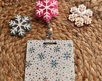 Custom Nurse Badge Holder Set Glitter Badge Reel for Nurse ID Card Name Tag Holder Winter Badge Buddy Xray Holographic Snowflake Nurse CNA