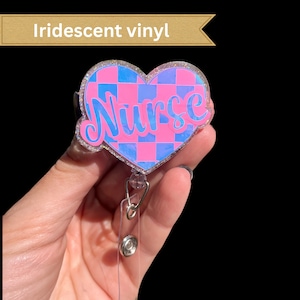 nurse heart badge reel RN gift for work iridescent vinyl heart badge nursing student badge reel alligator clip