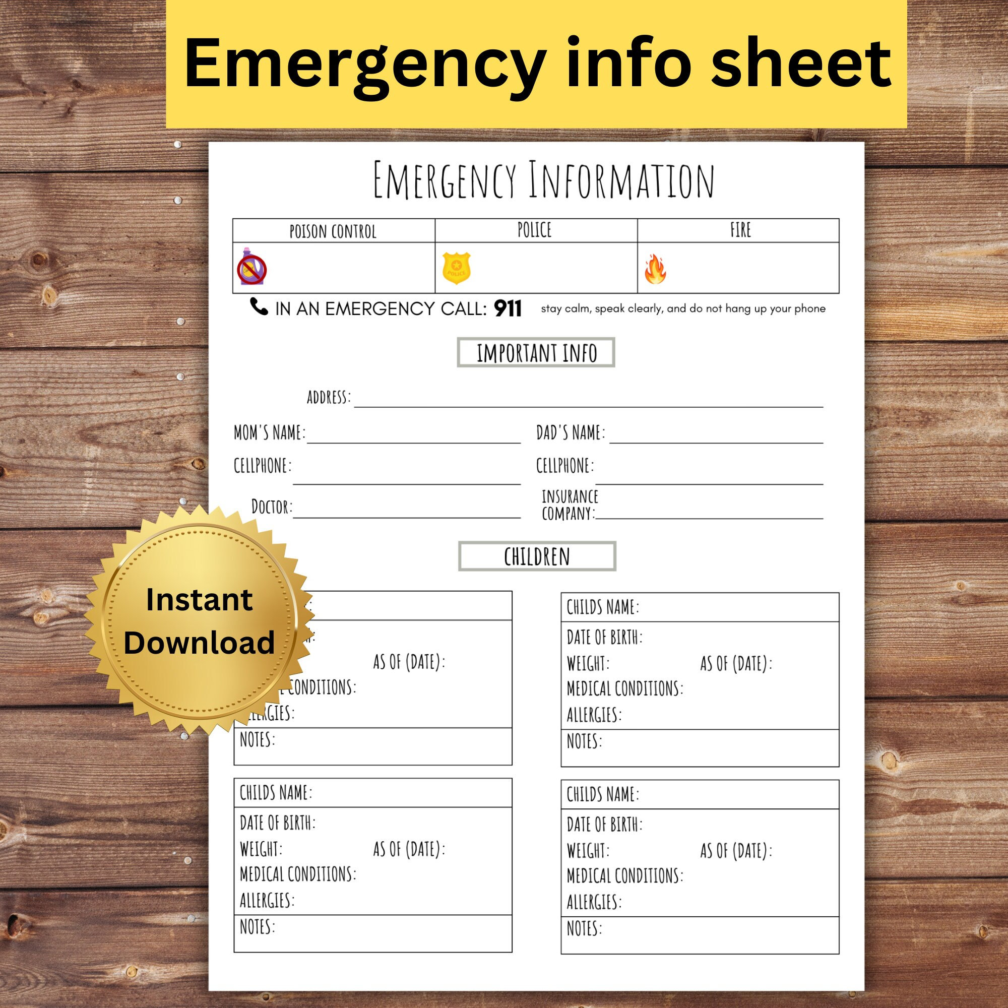 Emergency Information Sheet Babysitting Printable Babysitter Notes in ...