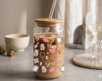 Pink Nurse Life Drinking Jar Bamboo Lid Reusable Straw Holiday Tumbler Gift RN Appreciation Festive Drinkware Pink Coquette Glass Coffee Cup
