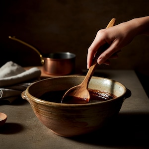 May include: A wooden spoon stirs a dark liquid in a large, rustic ceramic bowl. A small copper saucepan and a folded white cloth are in the background. The scene suggests cooking or food preparation.