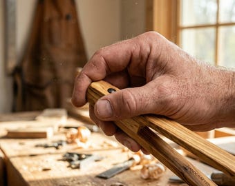Puede incluir: Herramienta de carpintería de madera marrón claro, sostenida en una mano. Tiene un remache negro. Se pueden leer las palabras "HANDCRAFTED IN US". El fondo muestra un banco de trabajo de madera con virutas.