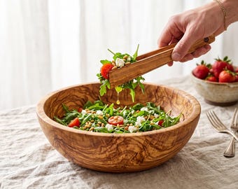 Handcrafted Olive Wood Tongs, 12 inch Artisan Salad Kitchenware (USA Made)