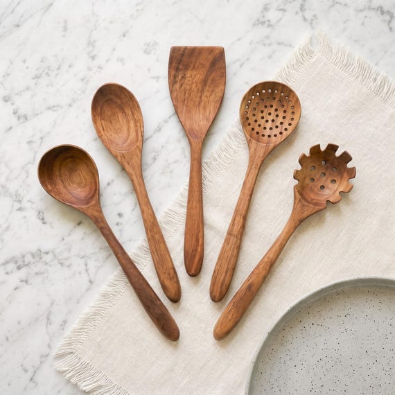Acacia Wood Kitchen Utensil Set of 5 - Handmade Wooden Cooking Spoons and Spatula - Nonstick Safe - Housewarming Gift - Daily Cooking Ritual