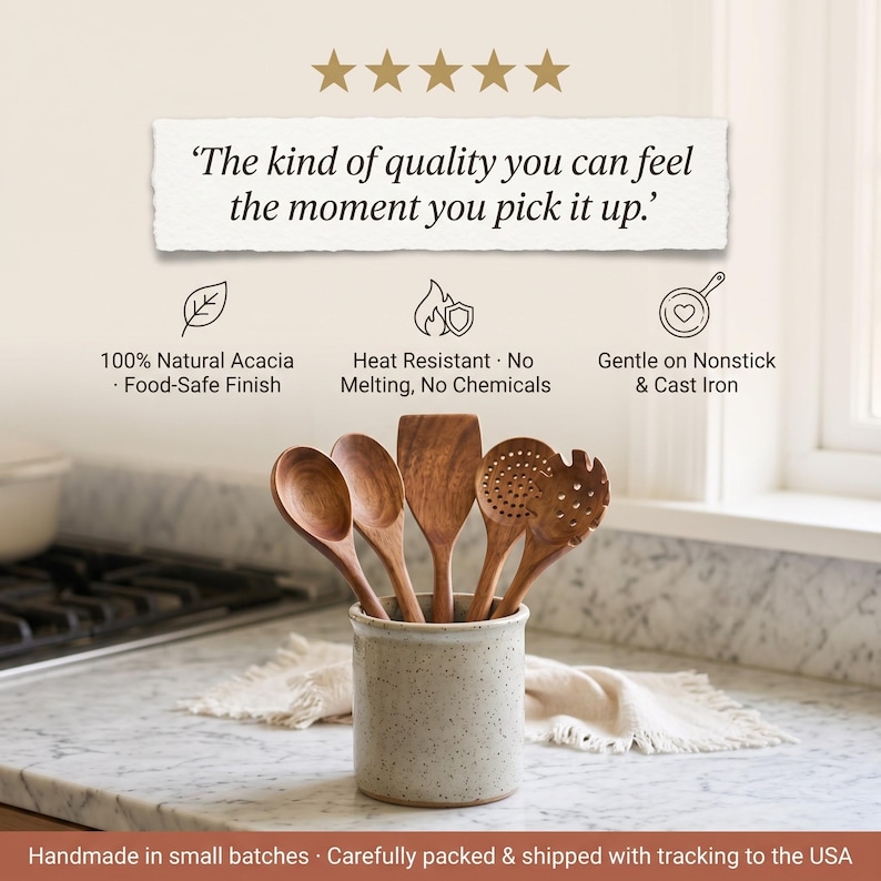 Juego de 5 utensilios de cocina de madera de acacia: cucharas y espátula de madera hechas a mano, antiadherentes, ideales como regalo de inauguración de casa o para el ritual diario de cocina. imagen 8