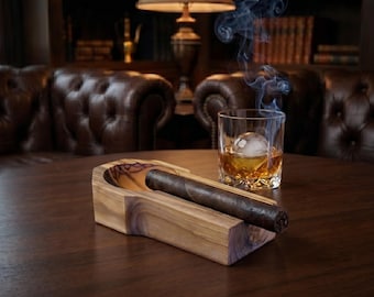 Handmade Olive Wood Cigar Ashtray | Luxury Wooden Cigar Rest for Men | Groomsman & Executive Office Gift | Artisan Handcrafted in USA