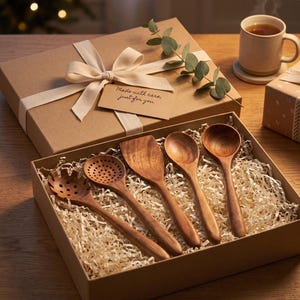 Puede incluir: Una caja de regalo que contiene cuatro utensilios de cocina de madera, incluyendo un tenedor para pasta, una cuchara ranurada, una esp&aacute;tula plana y una cuchara redonda. La caja tiene una cinta color crema y una etiqueta que dice Made with care, just for you.