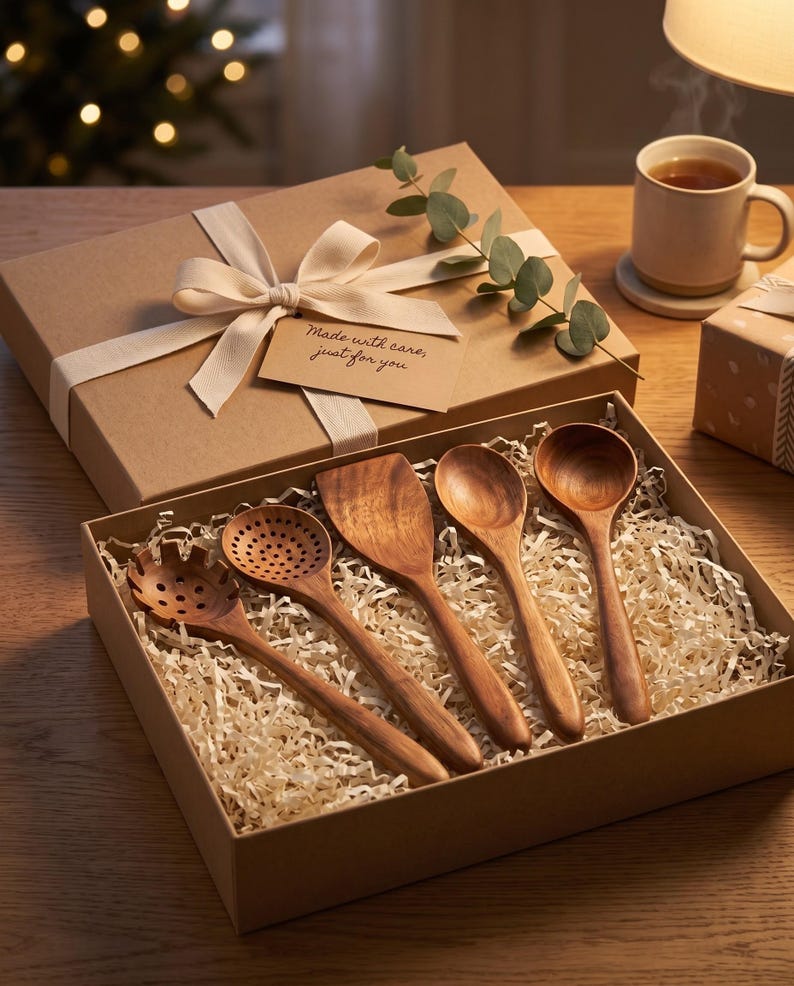 Puede incluir: Una caja de regalo que contiene cuatro utensilios de cocina de madera, incluyendo un tenedor para pasta, una cuchara ranurada, una esp&aacute;tula plana y una cuchara redonda. La caja tiene una cinta color crema y una etiqueta que dice Made with care, just for you.
