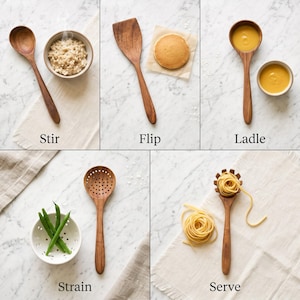 Juego de 5 utensilios de cocina de madera de acacia: cucharas y espátula de madera hechas a mano, antiadherentes, ideales como regalo de inauguración de casa o para el ritual diario de cocina. imagen 7