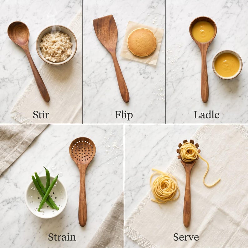 Juego de 5 utensilios de cocina de madera de acacia: cucharas y espátula de madera hechas a mano, antiadherentes, ideales como regalo de inauguración de casa o para el ritual diario de cocina. imagen 7