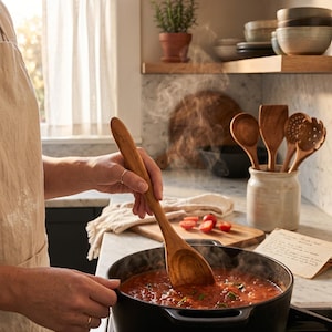 Puede incluir: Una cuchara de madera removiendo una salsa de tomate roja y espesa en una olla de hierro fundido negra sobre una estufa. La cuchara tiene un mango liso y redondeado y un cuenco profundo. El vapor sale de la olla y un tarro de cer&aacute;mica contiene utensilios.