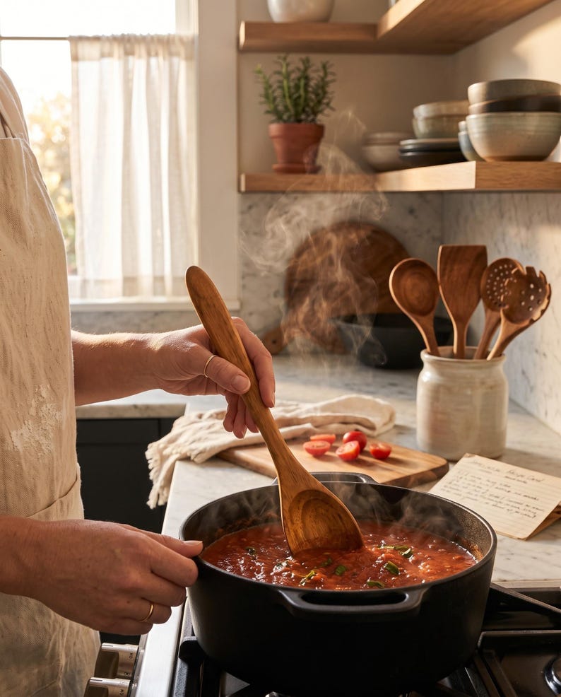 Puede incluir: Una cuchara de madera removiendo una salsa de tomate roja y espesa en una olla de hierro fundido negra sobre una estufa. La cuchara tiene un mango liso y redondeado y un cuenco profundo. El vapor sale de la olla y un tarro de cer&aacute;mica contiene utensilios.