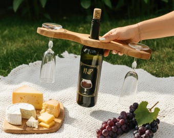 Elegant Wooden Wine Caddy for Two Glasses – Handmade Bottle Holder for Picnics, Weddings & Unique Wine Lover Gifts