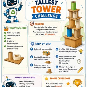 May include: An educational infographic titled Roby's STEM Challenges Tallest Tower Challenge. It features a cartoon robot, a list of materials, step-by-step instructions, a mission statement, a bonus challenge, and a diagram of a tower built from cylinders.