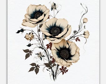 Wanddekoration - Blumen schwarz Linie Kunst