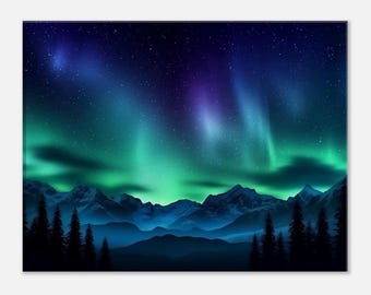 May include: A vibrant green and purple aurora borealis display over a dark mountain range. The sky is filled with stars and the mountains are silhouetted against the colorful lights.