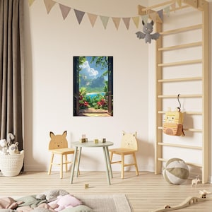 Trompe l'oeil - Vista di un lago, bella decorazione, vista colorata montagne acqua fiori