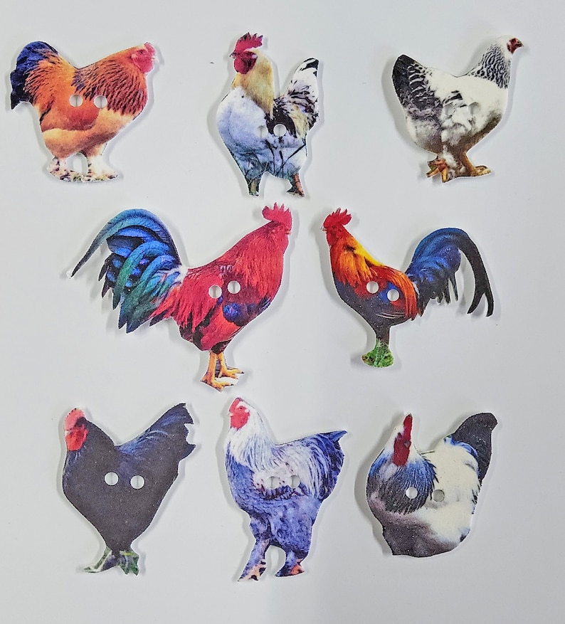 Poultry Buttons Rooster and Chicken Buttons Set of 8 - Etsy