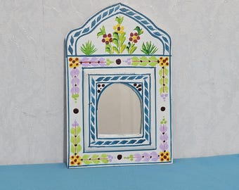 Hand-Painted Moroccan Mirror: White Floral Frame, Bohemian Wall Decor