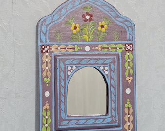 Hand-Painted Moroccan Wooden Mirror: Boho Floral Wall Decor